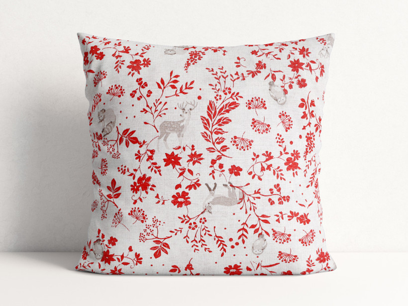 Poszewka na poduszkę dekoracyjna Loneta - czerwone polne kwiaty ze zwierzętami