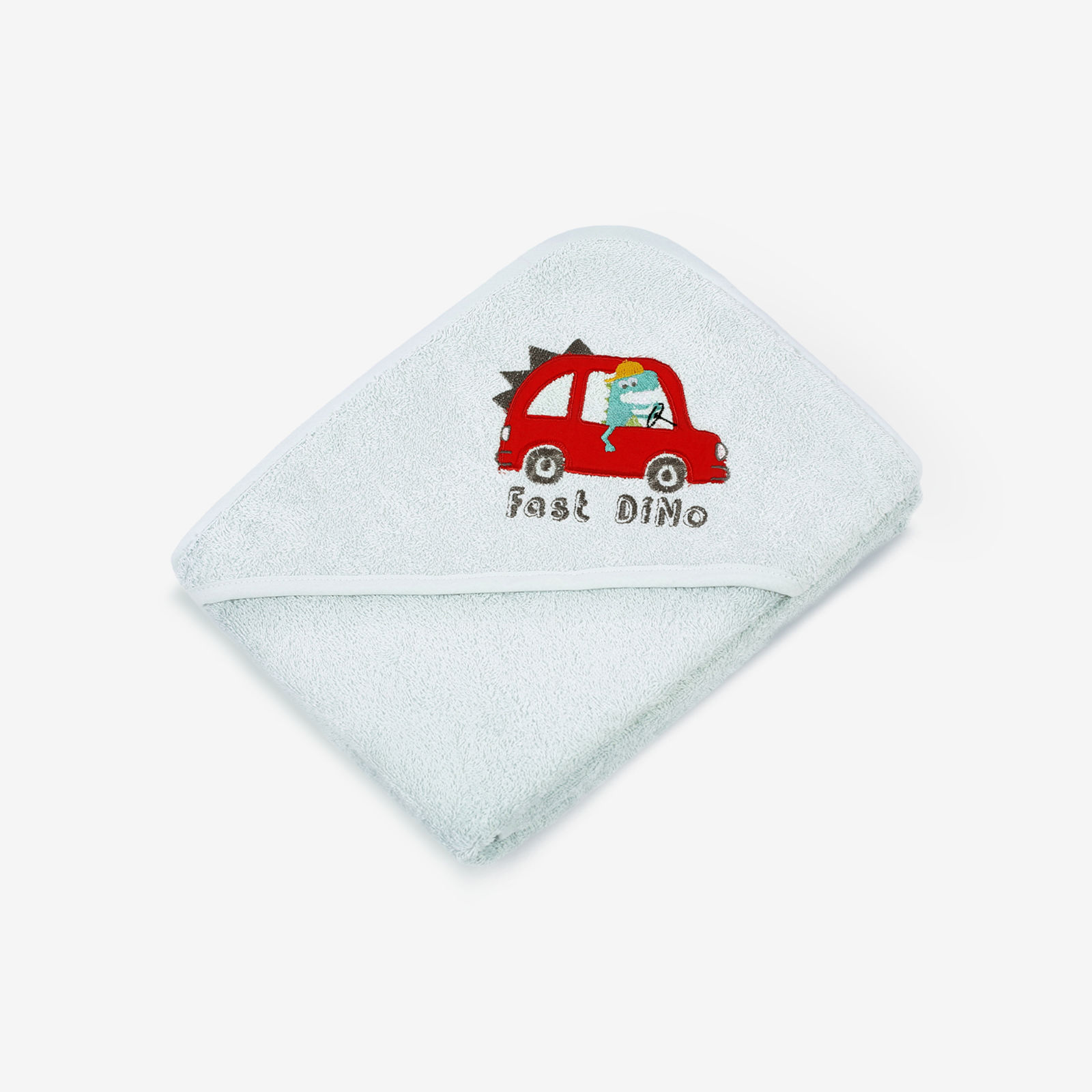 Ręcznik dziecięcy z kapturem LILI 100x100 cm jasnoniebieski - dinozaur w samochodzie