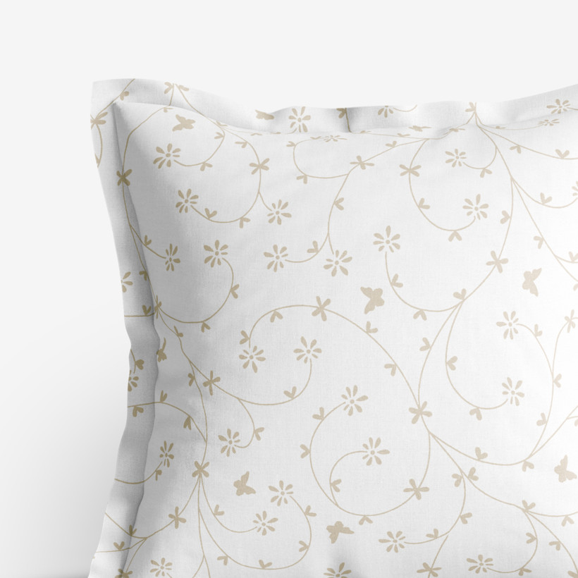 Poszewka na poduszkę z ozdobną kantą bawełniana - złote beżowe kwiatki i motylki na białym