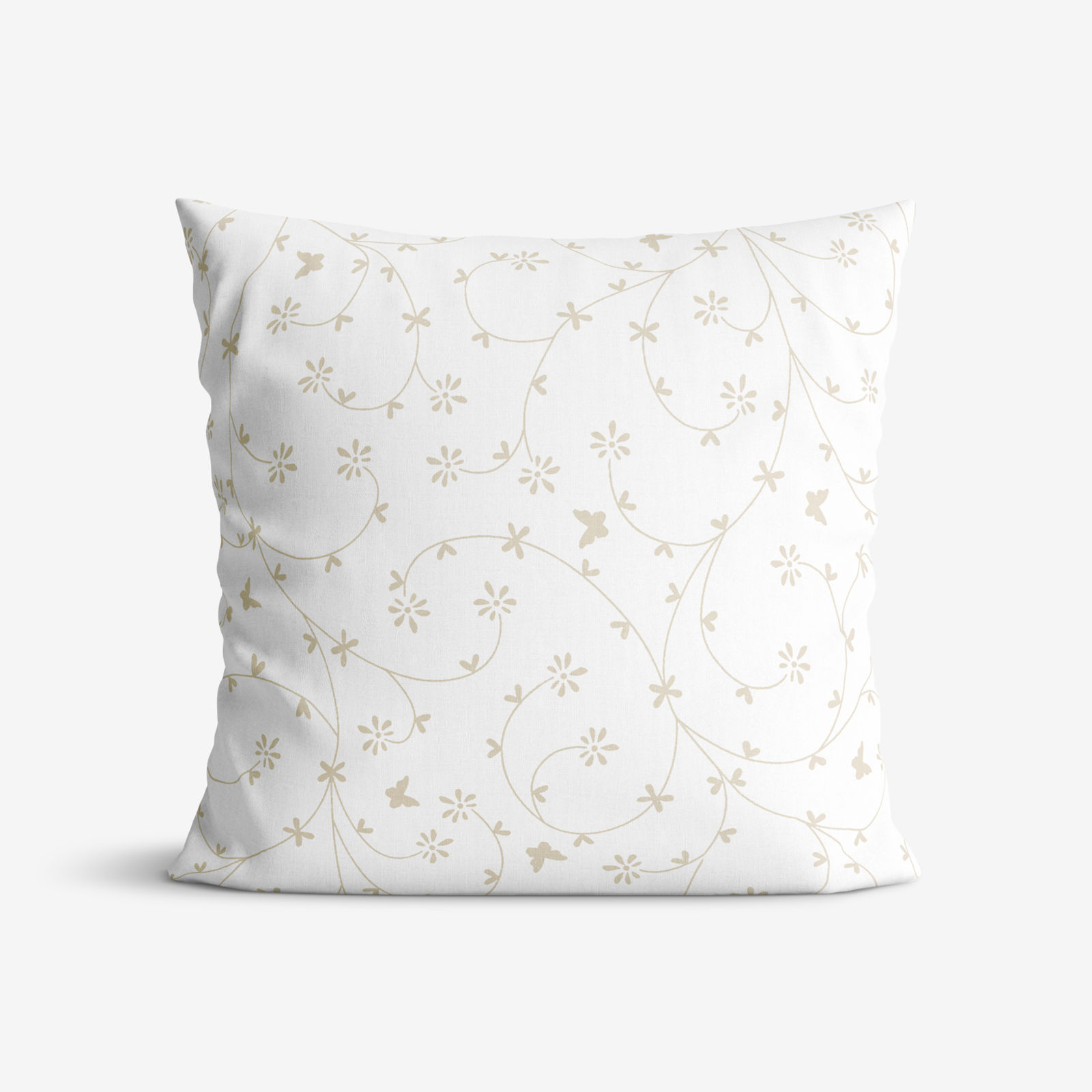 Poszewka na poduszkę bawełniana - złote beżowe kwiatki i motylki na białym