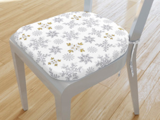 Zaokrąglona poduszka na krzesło 39x37 cm świąteczna - szare płatki śniegu ze złotym brokatem na białym