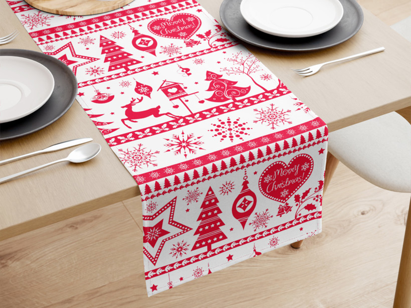 Bieżnik na stół bawełniany świąteczny - czerwone symbole świąteczne na białym