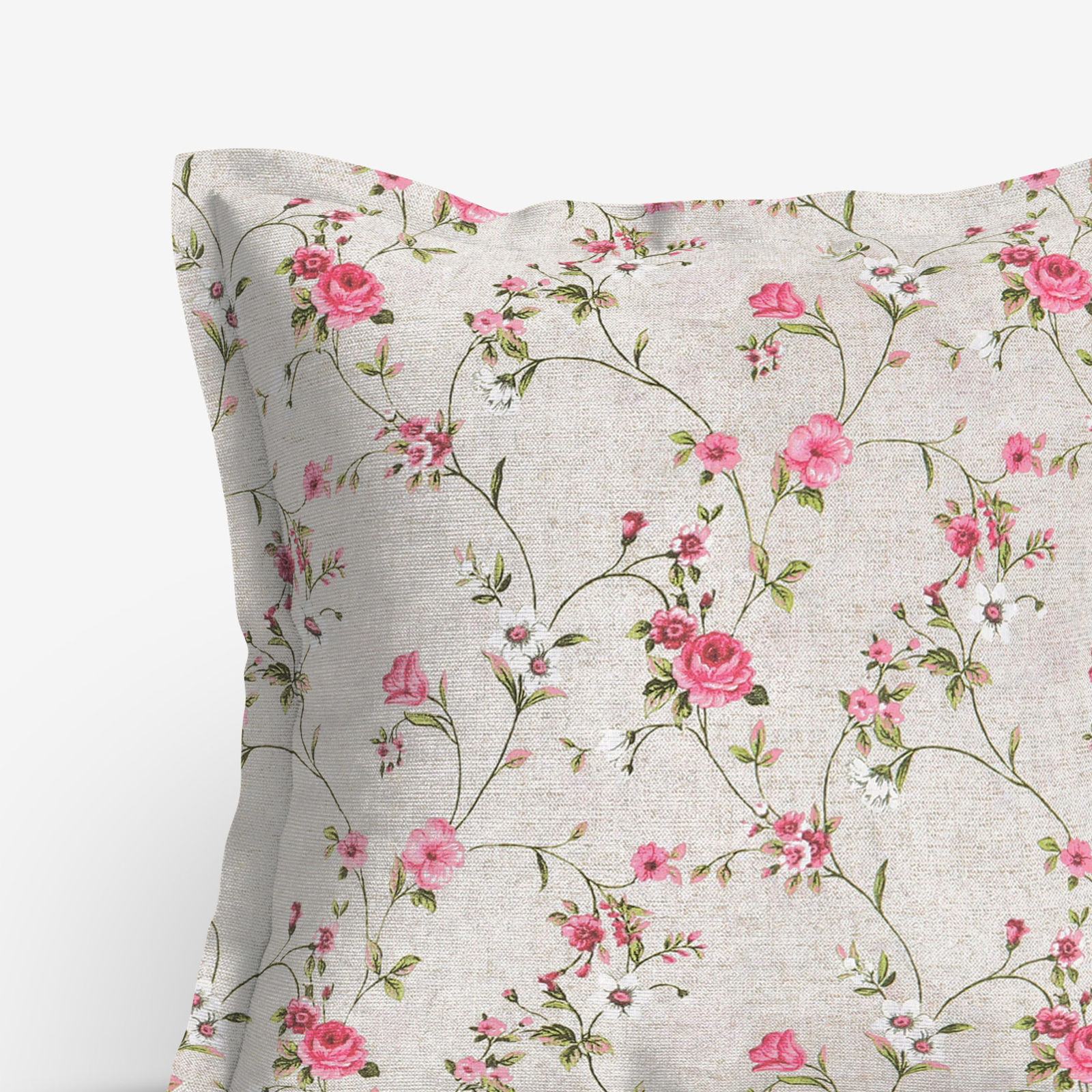 Poszewka na poduszkę z ozdobną kantą dekoracyjna Loneta - pnące róże na naturalnym