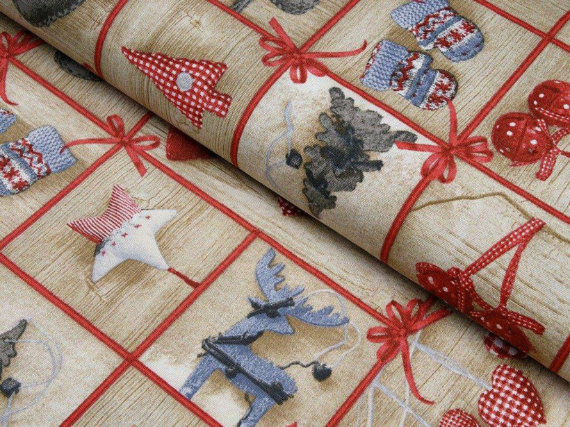 Tkanina dekoracyjna świąteczna Loneta - święta na beżowym