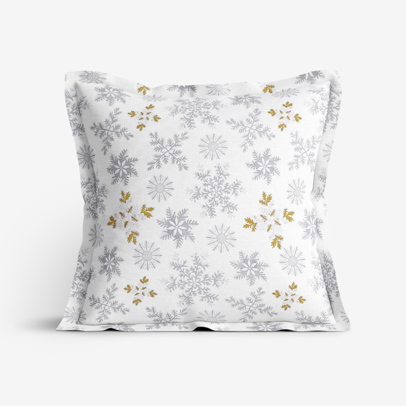 Poszewka na poduszkę z ozdobną kantą bawełniana świąteczna - szare płatki śniegu ze złotym brokatem na białym