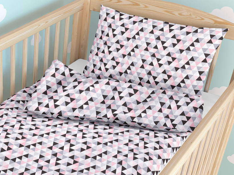 Pościel bawełniana do łóżeczka - różowo-szare trójkąty