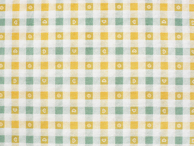 Tkanina dekoracyjna Loneta - żółta i zielona kratka z serduszkami