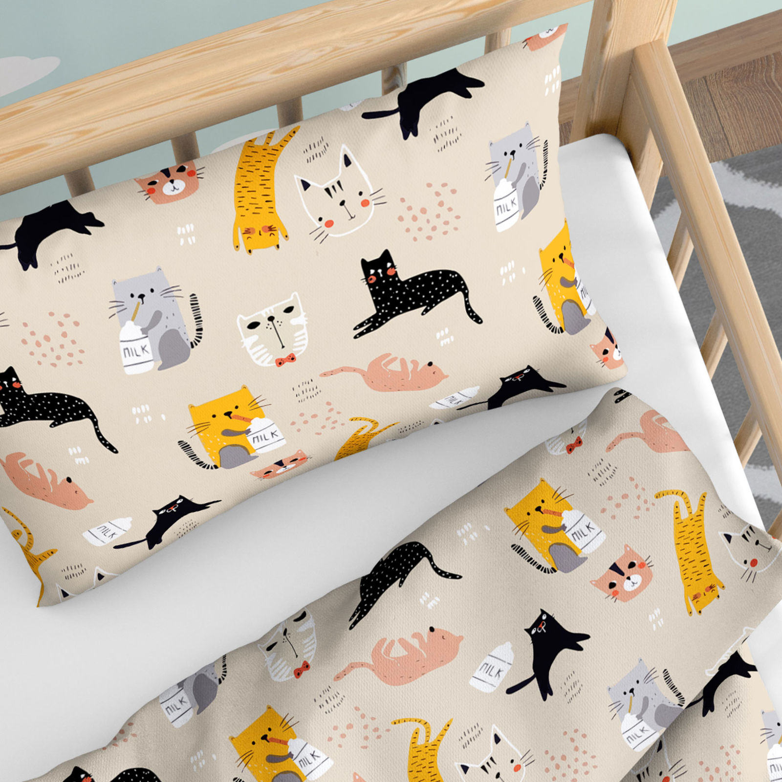 Pościel bawełniana do łóżeczka - wesołe koty na beżowym