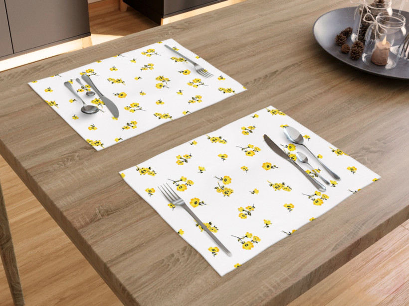 Podkładka na stół z płótna bawełnianego - żółte kwiaty na białym - 2szt.