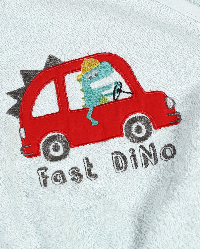 Ręcznik dziecięcy LILI 100x100 cm jasnoniebieski - dinozaur w samochodzie