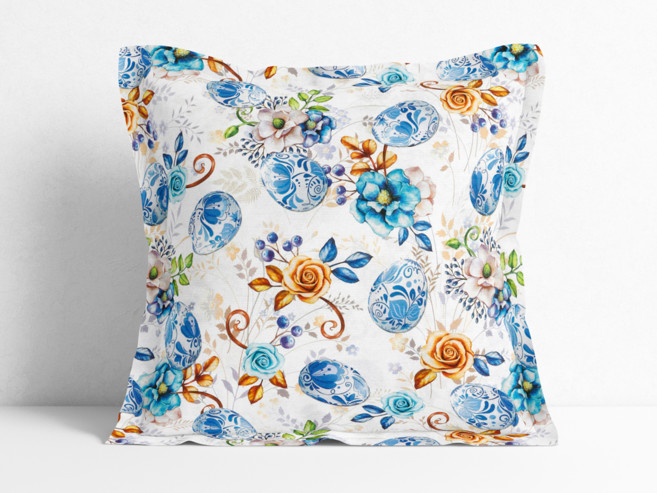 Poszewka na poduszkę z ozdobną kantą dekoracyjna wielkanocna Loneta - malowane niebieskie pisanki