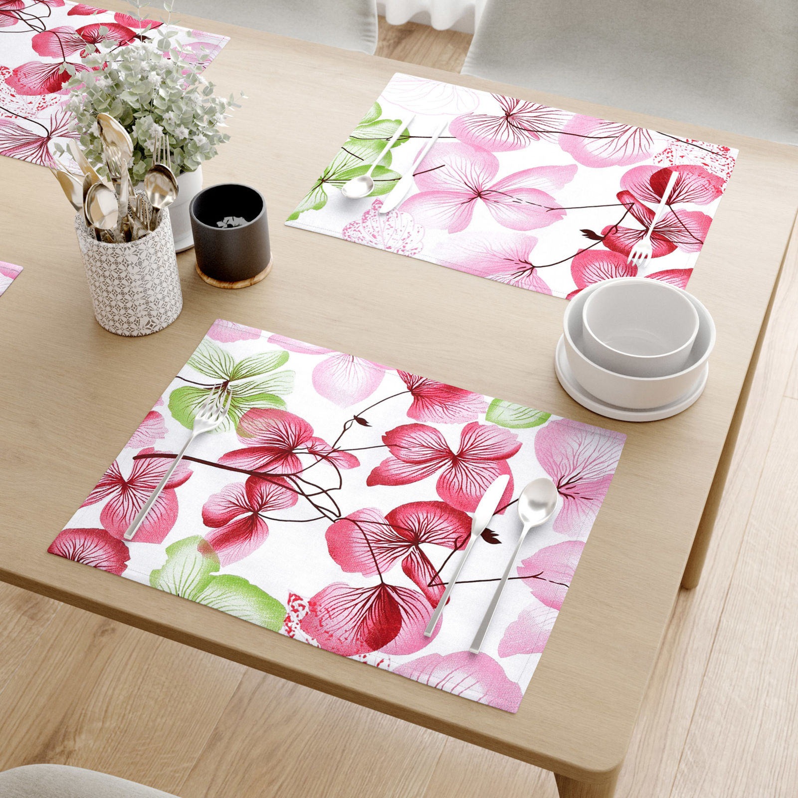 Podkładka na stół z płótna bawełnianego - różowe i zielone kwiaty z liśćmi - 2szt.