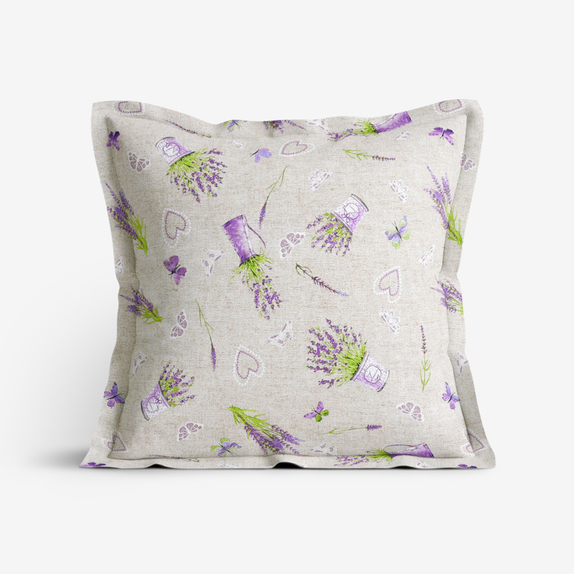 Poszewka na poduszkę z ozdobną kantą dekoracyjna Loneta - kwitnąca lawenda na naturalnym