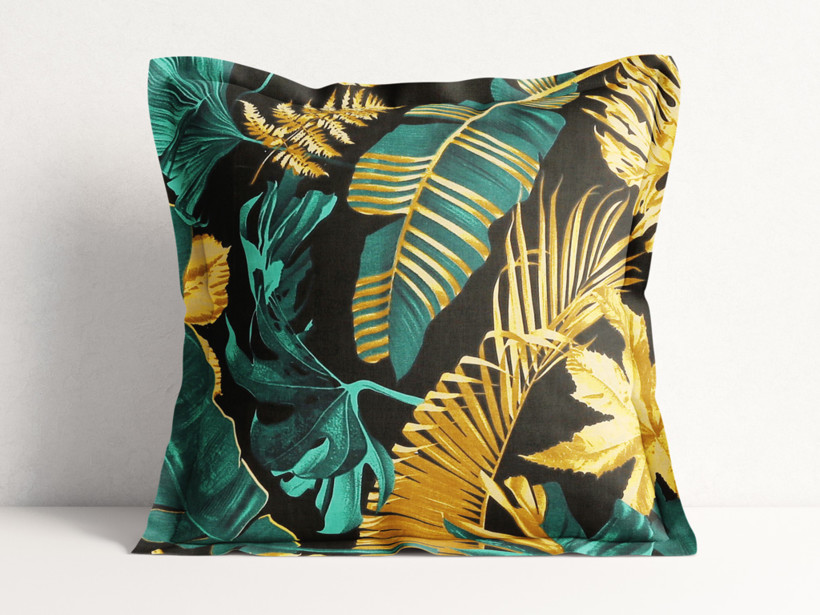 Poszewka na poduszkę z ozdobną kantą bawełniana - liście palmy na czarnym