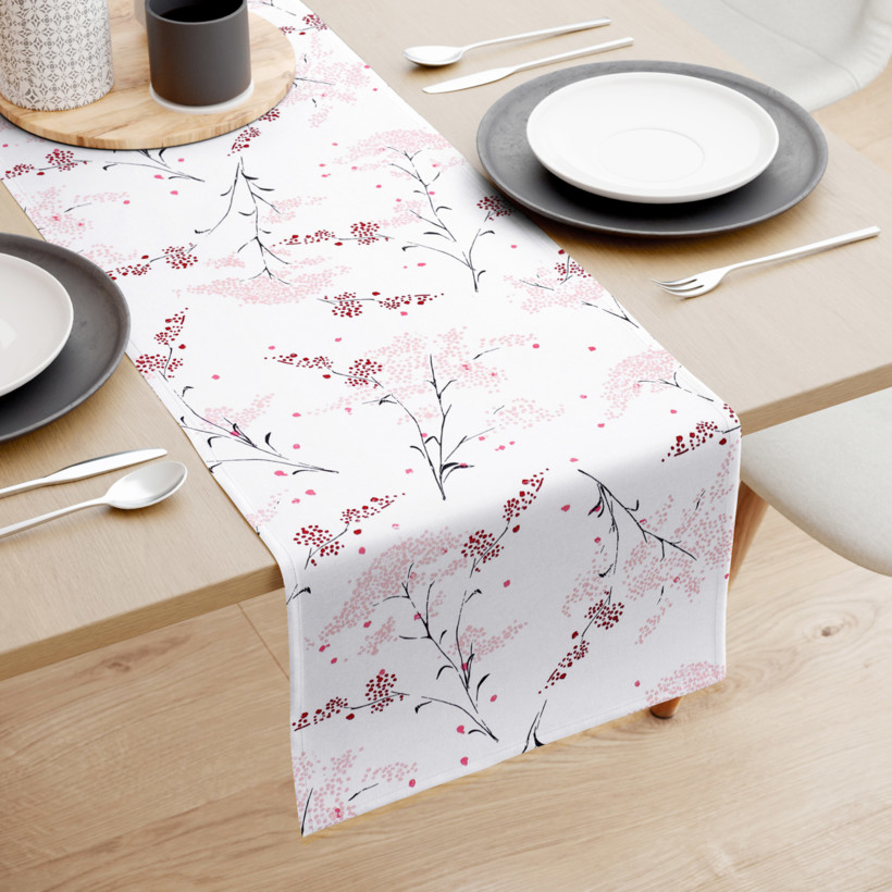 Bieżnik na stół z płótna bawełnianego - kwiaty japońskie na białym