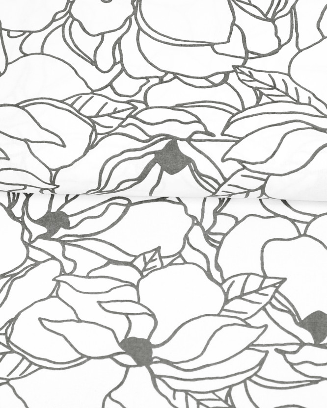 Obrus z płótna bawełnianego - ciemnoszare kwiaty na białym