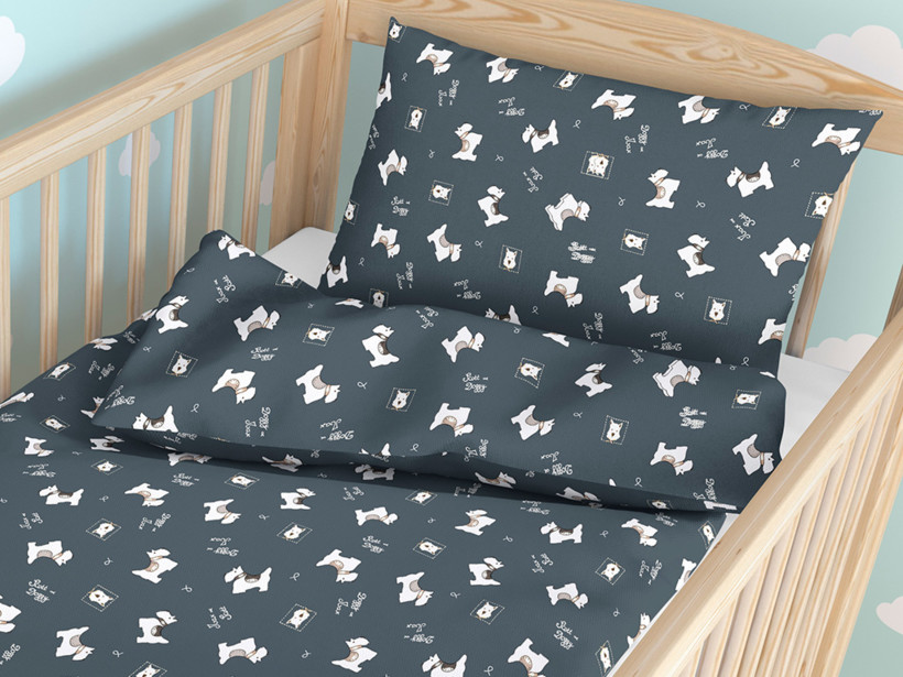 Pościel bawełniana do łóżeczka - pieski Scotty & Max na szaroniebieskim