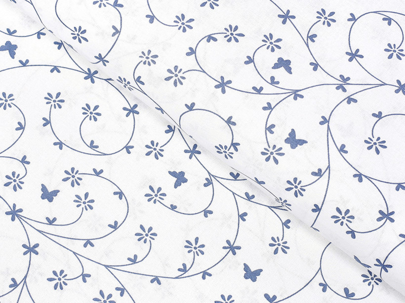 Płótno bawełniane - niebieskoszare kwiatki i motyle na białym