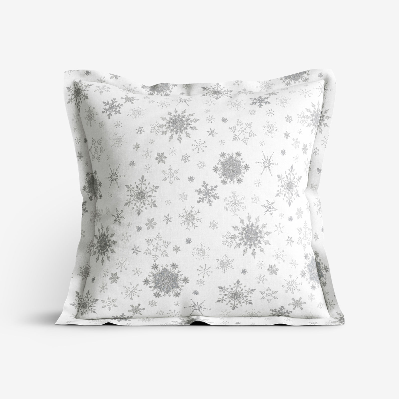 Ekskluzywna poszewka na poduszkę z ozdobną kantą bawełniana - srebrne śnieżynki na białym