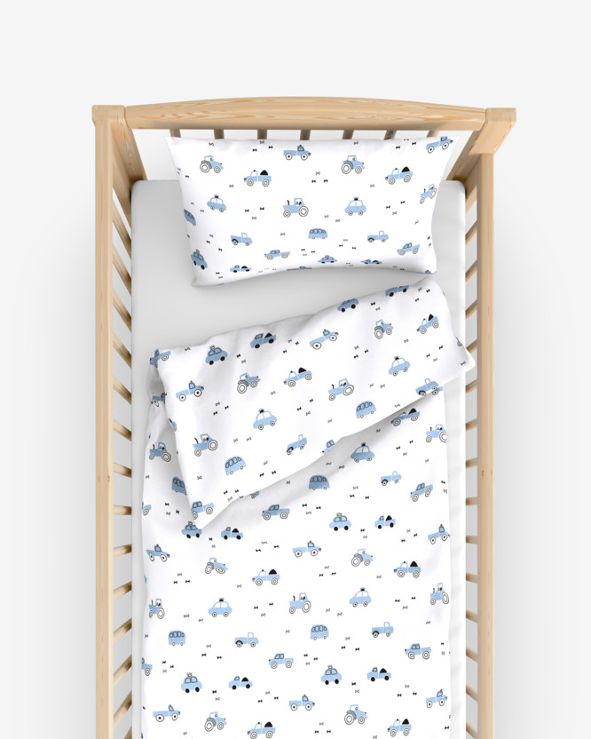 Pościel bawełniana do łóżeczka - niebieskie pojazdy na białym