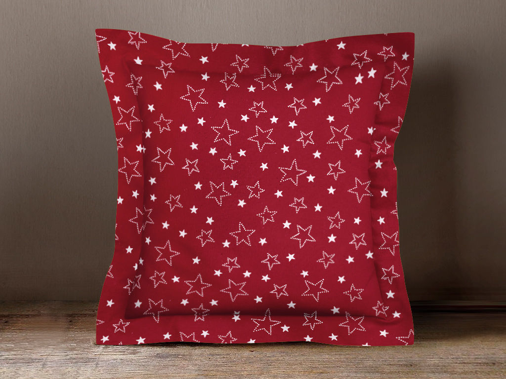 Poszewka na poduszkę z ozdobną kantą bawełniana - białe gwiazdki na czerwonym