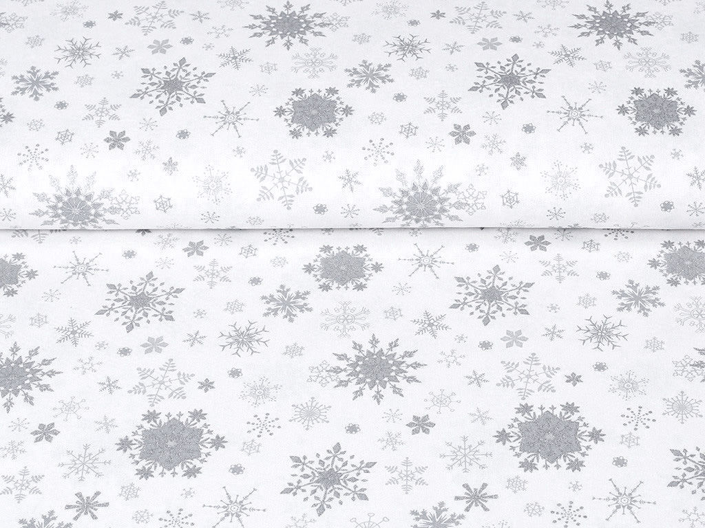 Płótno bawełniane świąteczne - srebrne śnieżynki na białym
