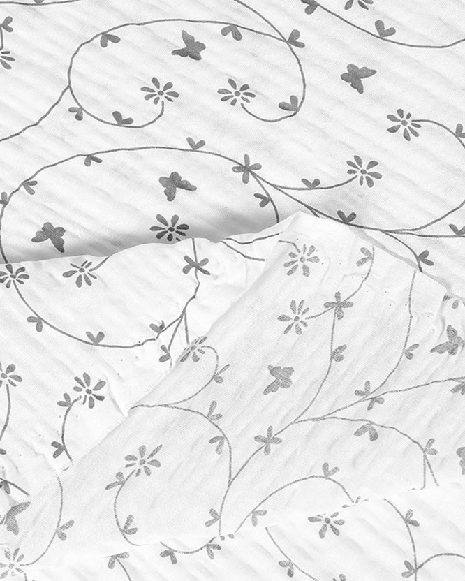 Kora bawełniana na metry - szare kwiatki i motylki na białym