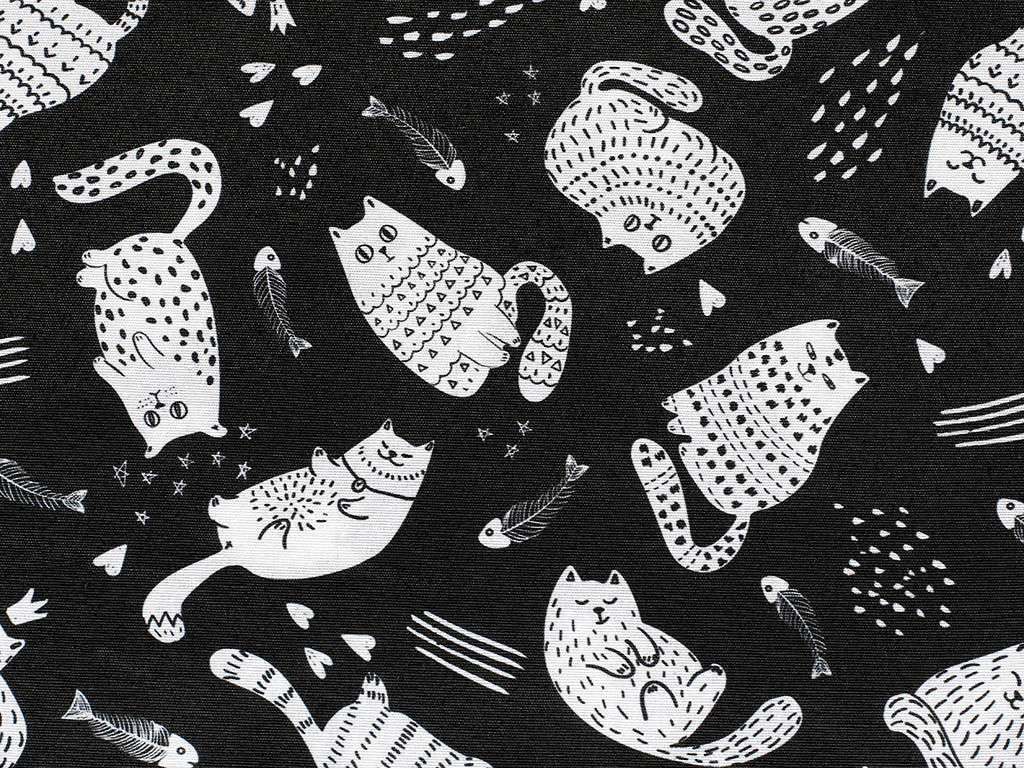 Tkanina dekoracyjna Loneta - Katter Max koty na czarnym