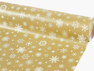 Cerata na stół na metry - świąteczny wzór śnieżynek na złotym - szer. 140 cm