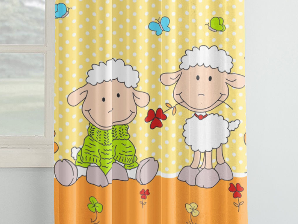 Zasłona bawełniana dla dzieci na taśmie - owieczki na żółtym