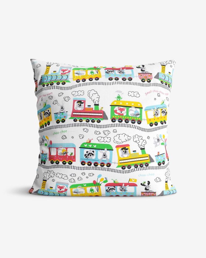 Poszewka na poduszkę bawełniana dla dzieci - wesołe pociągi na białym