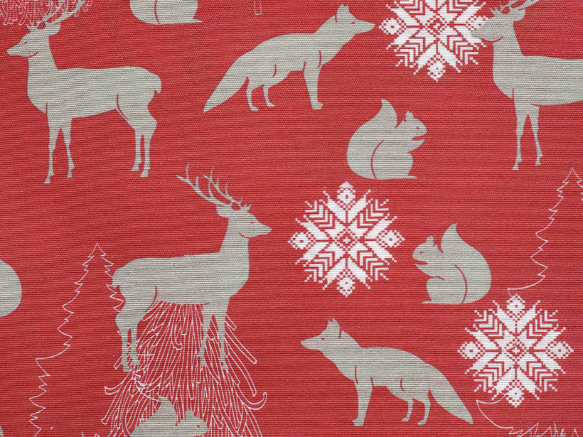 Tkanina dekoracyjna świąteczna Loneta - zwierzęta leśne na czerwonym