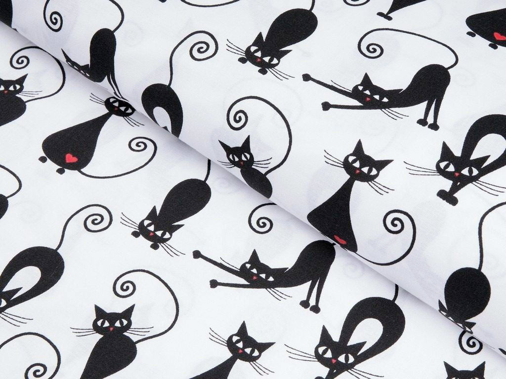 Płótno bawełniane - czarne koty na białym
