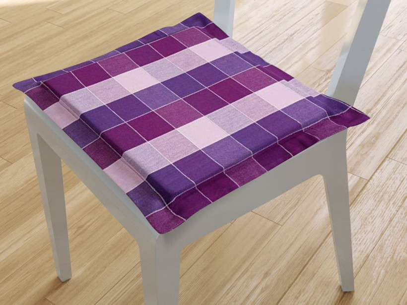 Kwadratowa poduszka na krzesło z ozdobną kantą 38x38 cm Kanafas - duża fioletowa kratka