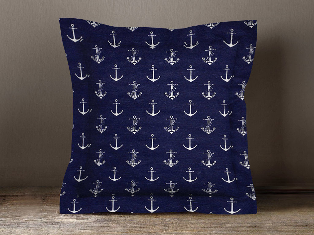 Poszewka na poduszkę z ozdobną kantą dekoracyjna Loneta - kotwice na niebieskim