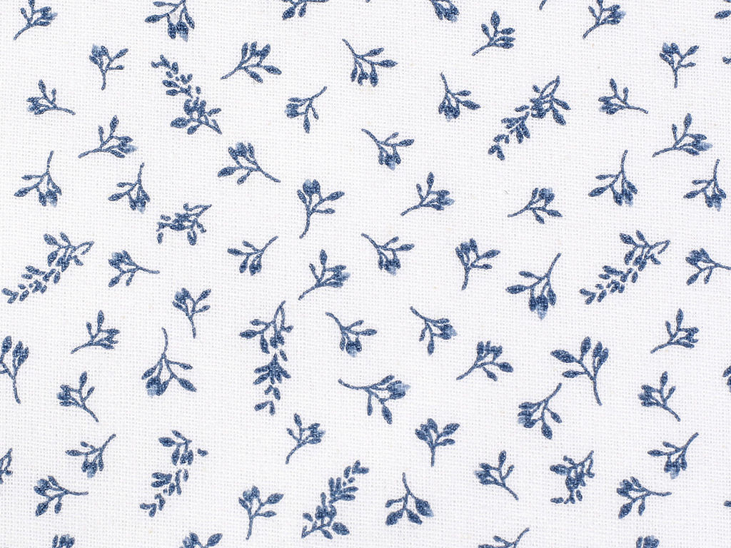 Płótno bawełniane - drobne szaro-błękitne kwiatki na białym