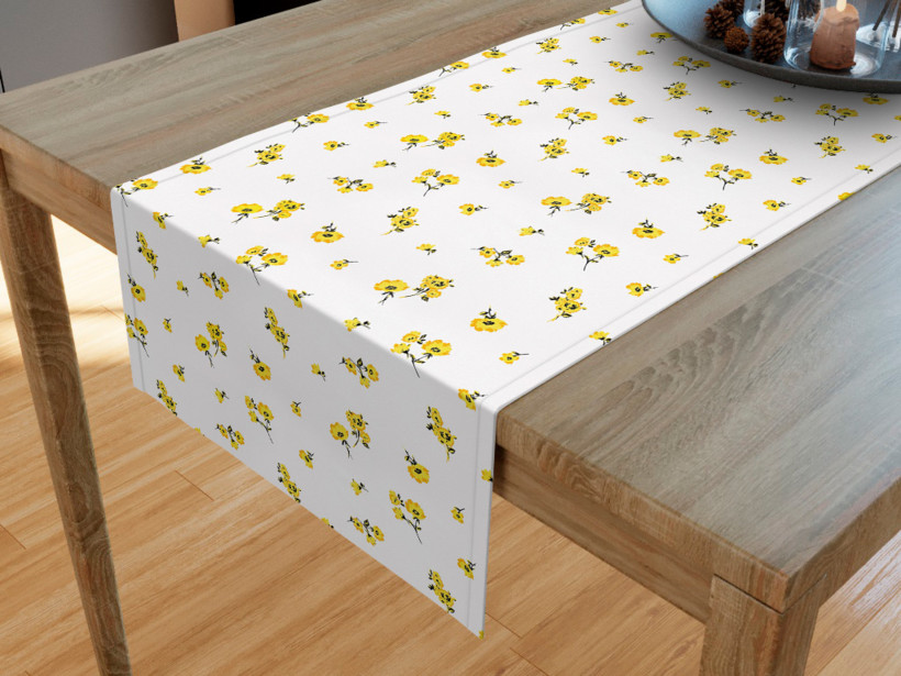 Bieżnik na stół z płótna bawełnianego - żółte kwiaty na białym