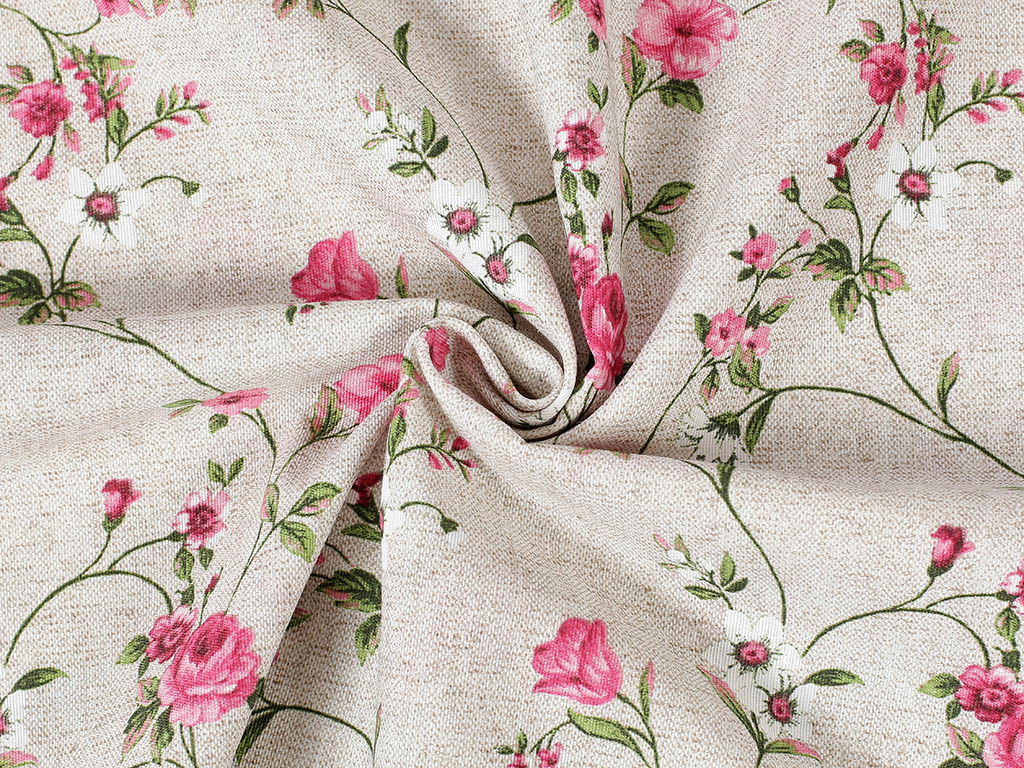 Tkanina dekoracyjna Loneta - pnące róże na naturalnym
