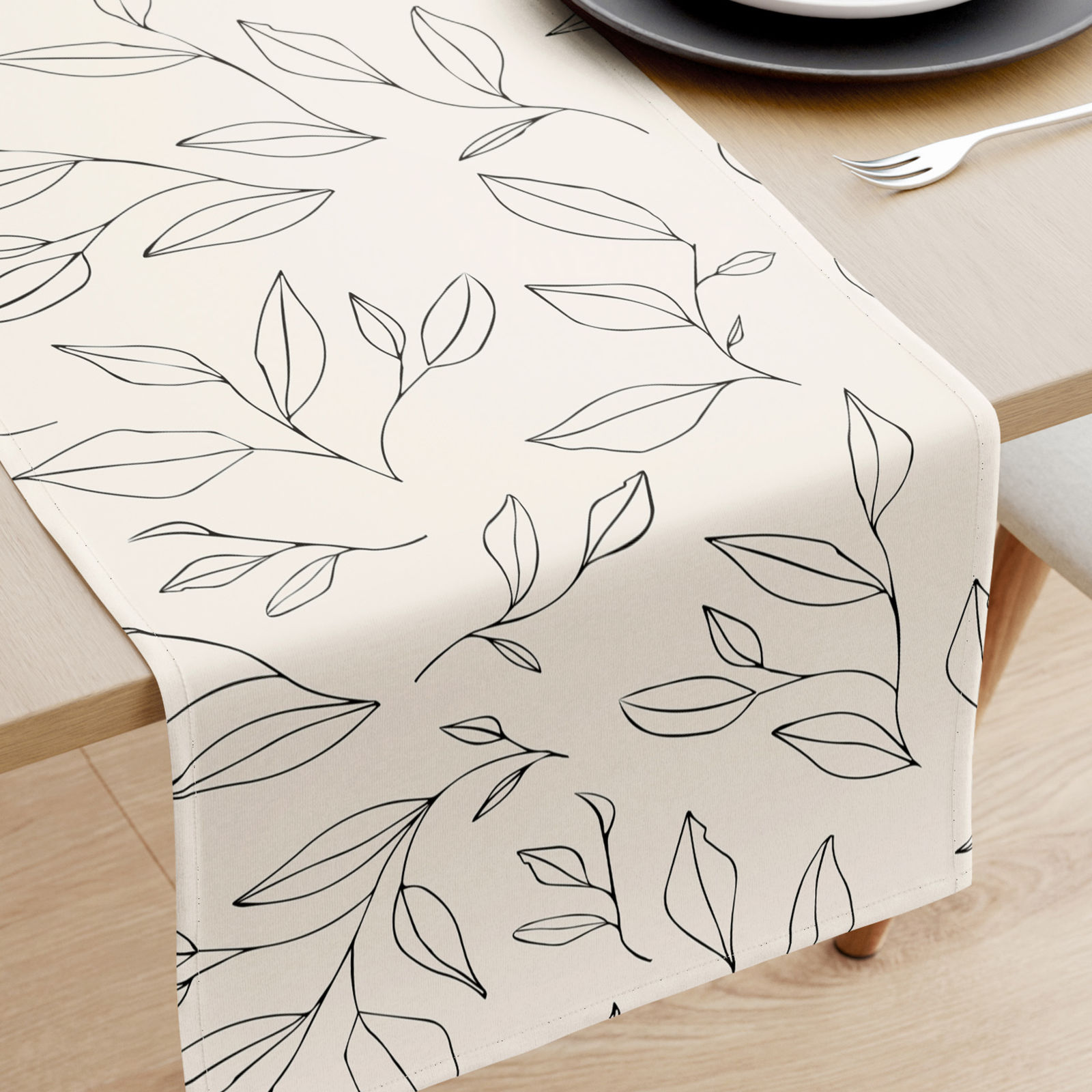 Bieżnik na stół z płótna bawełnianego - liście na naturalnym