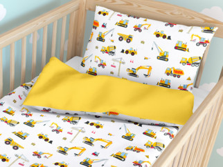 Pościel bawełniana do łóżeczka Duo - ciężarówki i koparki z żółtym
