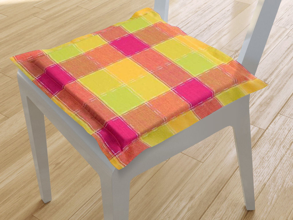 Kwadratowa poduszka na krzesło z ozdobną kantą 38x38 cm Kanafas - duża kostka różowo-zielono-żółta