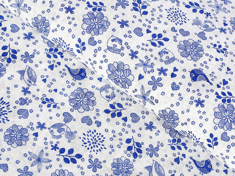Tkanina dekoracyjna Loneta - niebieskie ptaki i kwiatki