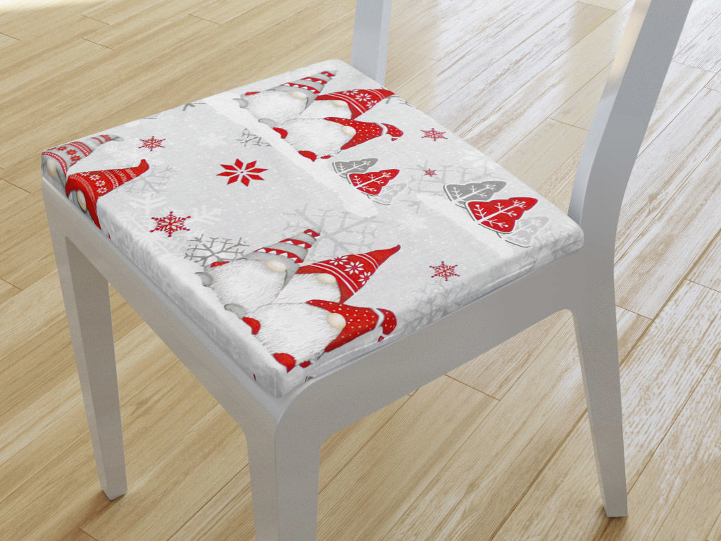 Kwadratowa poduszka na krzesło 38x38 cm świąteczna - skrzaty na jasnoszarym