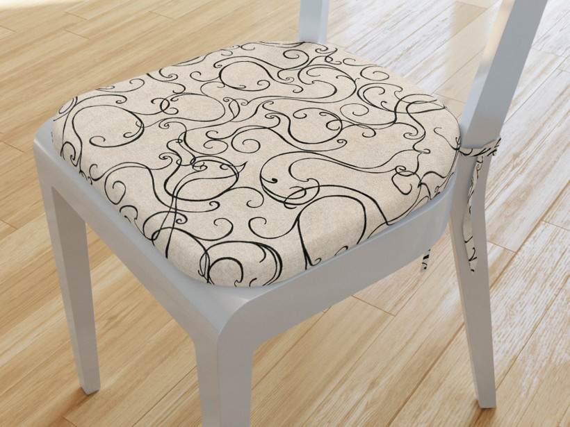 Zaokrąglona poduszka na krzesło 39x37 cm Loneta - czarne ornamenty na naturalnym