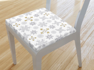 Kwadratowa poduszka na krzesło 38x38 cm świąteczna - szare płatki śniegu ze złotym brokatem na białym