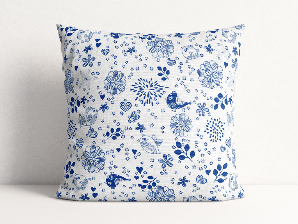 Poszewka na poduszkę dekoracyjna Loneta - niebieskie ptaki i kwiatki
