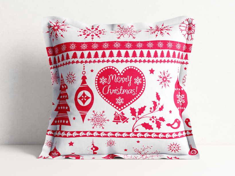 Poszewka na poduszkę z ozdobną kantą bawełniana świąteczna - czerwone symbole świąteczne na białym