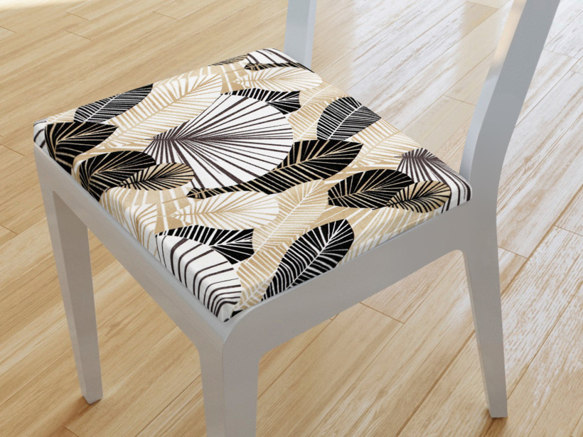 Kwadratowa poduszka na krzesło 38x38 cm Loneta - czarne, białe i złote liście