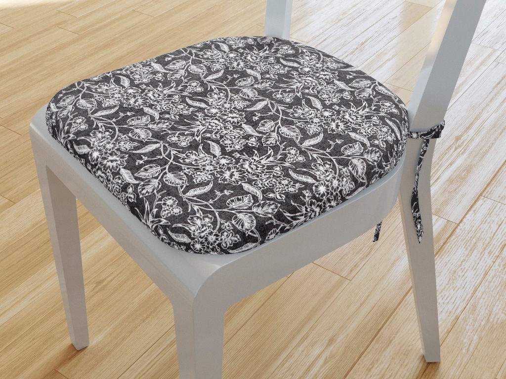 Zaokrąglona poduszka na krzesło 39x37 cm Loneta - kwiatowy raj na antracytowym