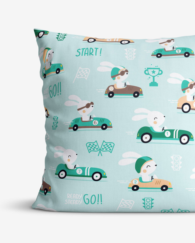 Poszewka na poduszkę bawełniana dla dzieci - króliczki w samochodach wyścigowych